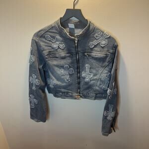 Women's Denim Jean Jacket Blue Cross Appliqué Distressed Lightweight Zip/Button